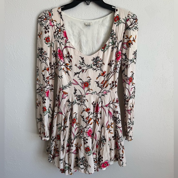 Ecote Cream Floral Mini Babydoll Long Sleeve Dress Women 0 Boho Flowing Coquette - Picture 1 of 6